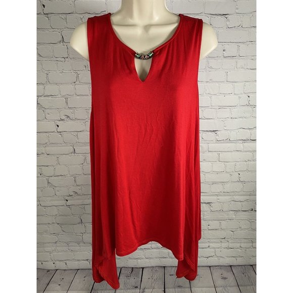 Neiman Marcus Red Sleeveless Jewel Keyhole V Neck Tunic Viscose Blouse M - Picture 1 of 10